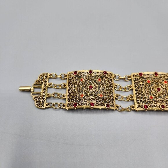 Filigree Panel Bracelet Gold Tone Red Stone Accents 8" Ornate Wide - Picture 12 of 12